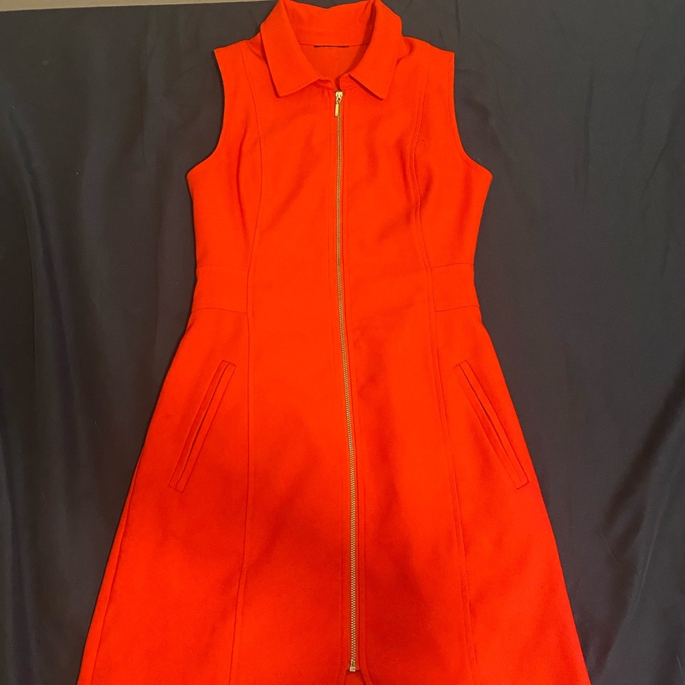 Orange-Red dress, Zipper in front, W/ pockets